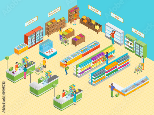 Supermarket or Shop Interior with Furniture Isometric View. Vector