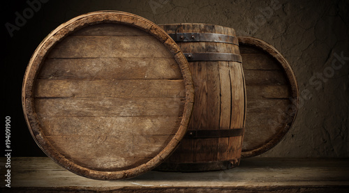 background of barrel and worn old table of wood © kishivan