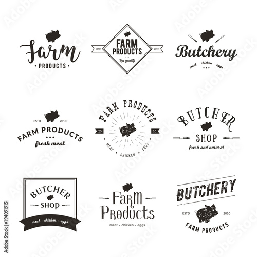 Set of retro styled butchery logo templates. Emblem of Butchery meat shop with Pig silhouette, text The Butchery, Fresh Meat, farm products. Farmer shop, market, restaurant or design banner, sticker.