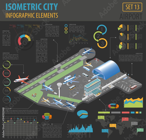 3d isometric airport and city map constructor elements isolated on white. Build your own infographic collection