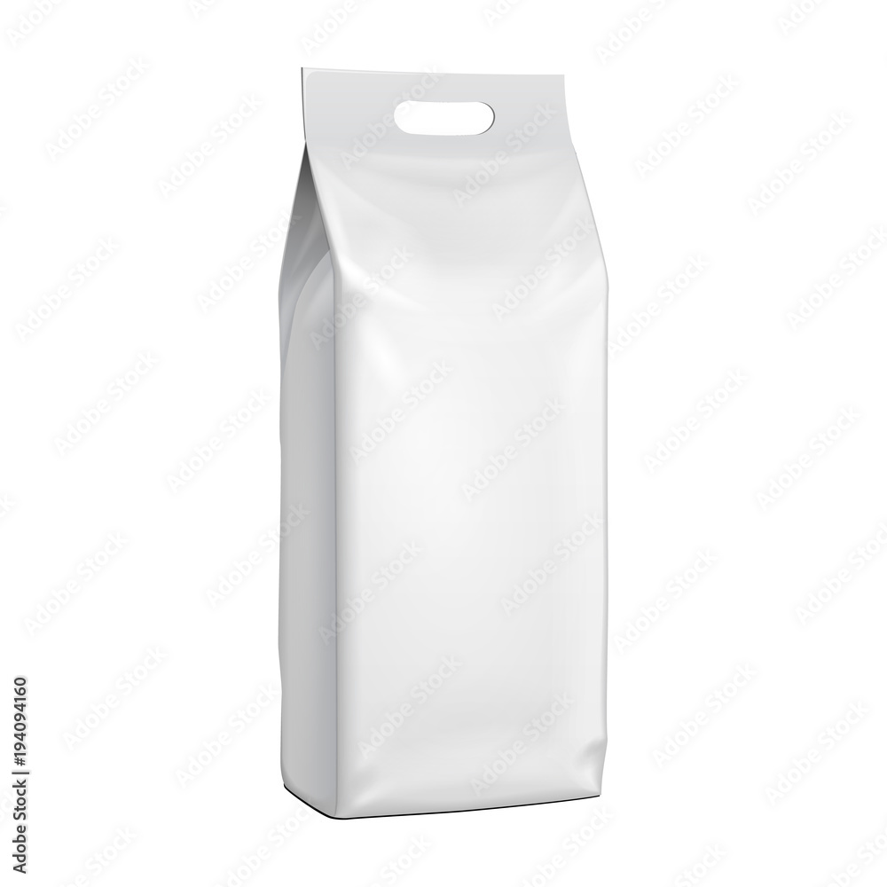 Blank Stand Up Pouch Snack Sachet Bag With Handle. Mock Up, Template. Illustration Isolated On White Background. Ready For Your Design. Product Packaging. Vector EPS10 Blank Stand Up Pouch Snack Sachet Bag With Handle. Mock Up, Template. Illustration Isolated On White Background. Ready For Your Design. Product Packaging. Vector EPS10