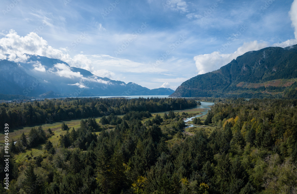 Aerial landscape view of the beautiful Canadian Landscape during a vibrant sunny summer day. Taken in Squamish, North of Vancouver, BC, Canada.