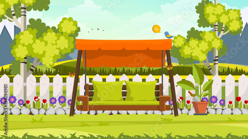 Beautiful Flower Bed Vector Illustration. Flowering Garden in Spring. Landscape Background.