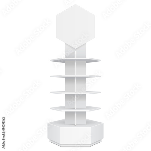 Hexagon, Hexagonal POS POI Cardboard Floor Display Rack For Supermarket Blank Empty. Mock Up. Illustration Isolated On White Background. Ready For Your Design. Product Advertising. Vector EPS10