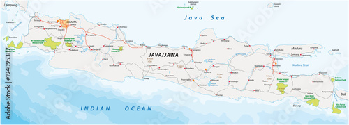 Vector road and national park map of the Indonesian island java