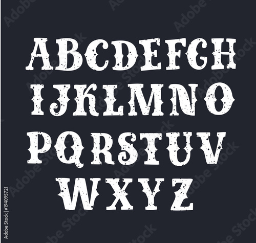 Cool vector set of western style label font in white color on black background. Retro decorative lettering alphabet with shadow featuring stylish frame border design element