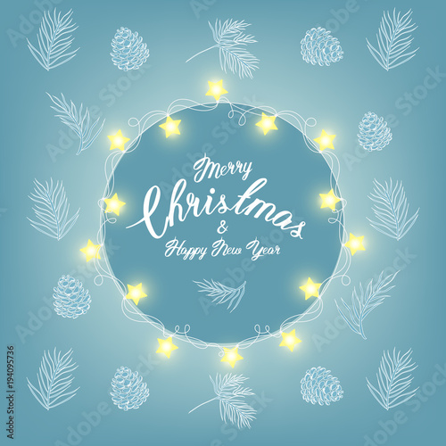 Merry christmas greeting card with traditional decorations. . Beautiful Christmas or winter design elements. Hand drawn retro pine branches and Holiday Light Garland.