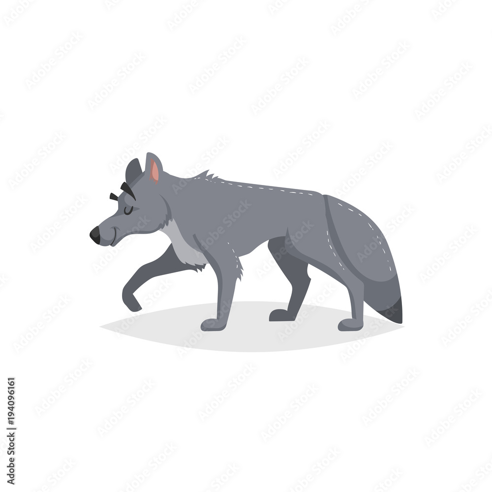 Cartoon cheerful standing wolf. Forest Europe and North America animal. Flat with simple gradients trendy design. Education vector illustration. Cartoon cheerful standing wolf. Forest Europe and North America animal. Flat with simple gradients trendy design. Education vector illustration.