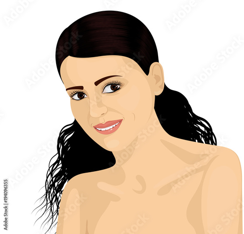 Portrait of a beautiful young brunette with long hair and open shoulders.Vector illustration.