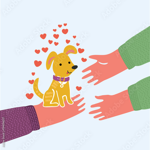 Dog face. Pet adoption. Puppy pooch looking up to human hand, paw print hug. Flat design. Help homeless animal concept. Cute cartoon character. White background Isolated Vector