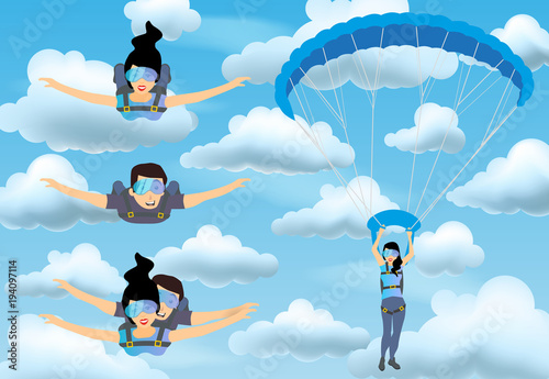 Set of skydivers parachutist characters. Skydiver man and woman flying in the blue cloudy sky. Tandem skydiving. Vector illustration.