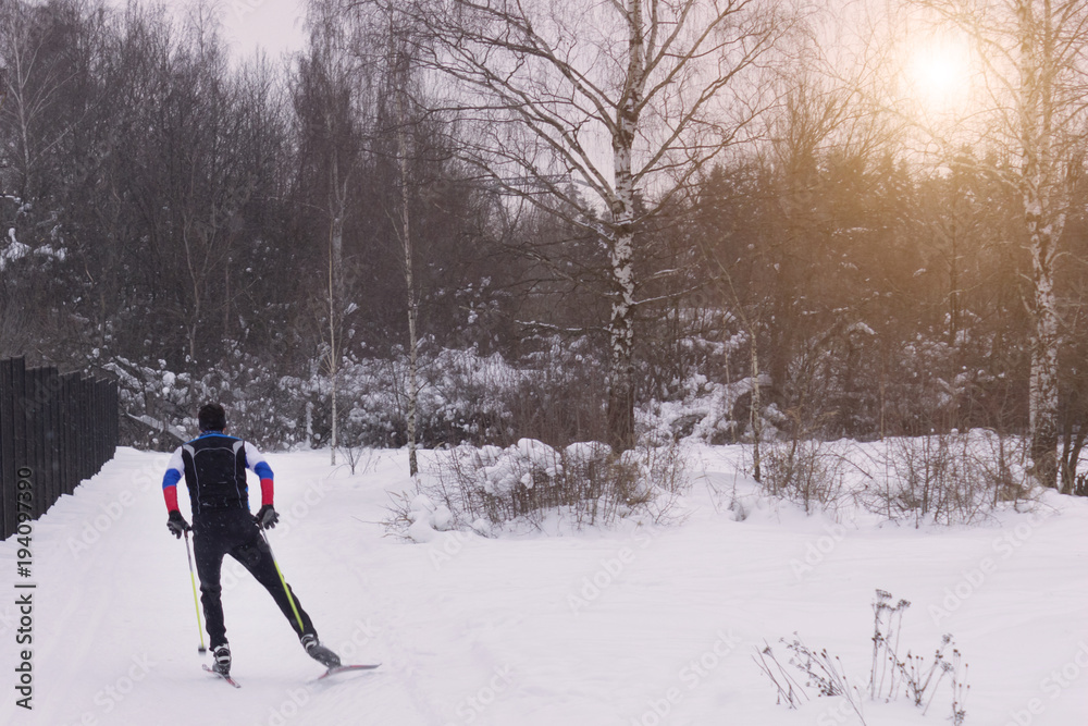 a man skier skating in a winter forest near trees