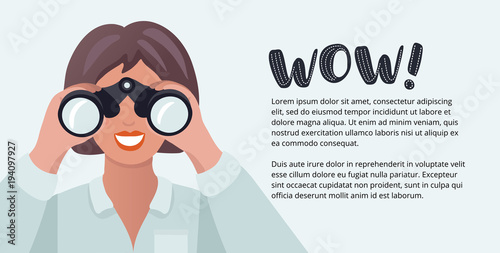 Vector cartoon funny illustration of woman looking through binoculars