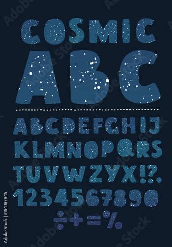 The font in the form of constellations located in the night sky. Letters and numbers of connected stars. Ideal for romantic and zodiacal decorations. Vector EPS 10.
