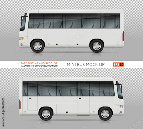 Bus vector mock-up. Isolated template of realistic city transport on transparent background, side view. Vehicle branding mockup. All elements in the groups on separate layers. Easy to edit and recolor