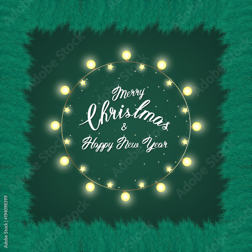 Green Christmas wreath with incandescent light string and pine tree branches. template, space for text.