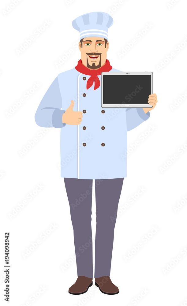 Chef showing thumb up and showing blank digital tablet PC Chef showing thumb up and showing blank digital tablet PC