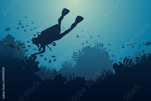 Silhouette of diver, coral reef and underwater cave on a blue sea background. Vector illustration.
