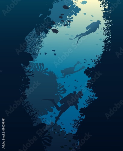Silhouette of diver, coral reef and underwater cave on a blue sea background. Vector illustration.