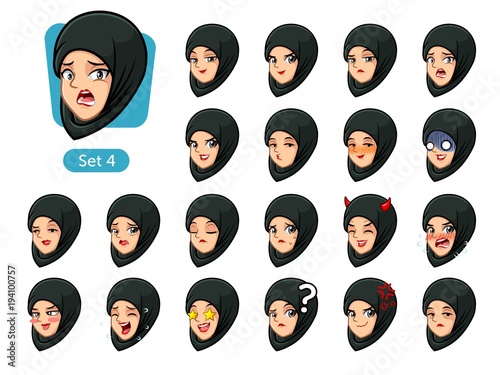The fourth set of muslim woman wearing a black hijab cartoon character avatars with different facial emotions and expressions, happy, bored, scary, pervy, uptight, disgust, amaze, silly, mad, etc.