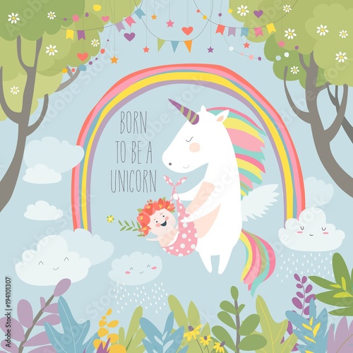 Cute unicorn with baby
