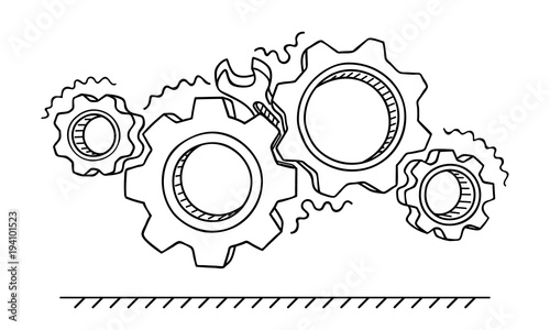 Non-working gears. Broken mechanism with a wrench vector illustration. Jammed mechanism