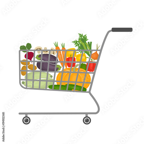 Shopping cart in a supermarket full of vegetables.There are potatoes, carrots, cucumbers, eggplant, zucchini, pumpkin, beetroot, pepper and onion in the picture. Vector illustration.