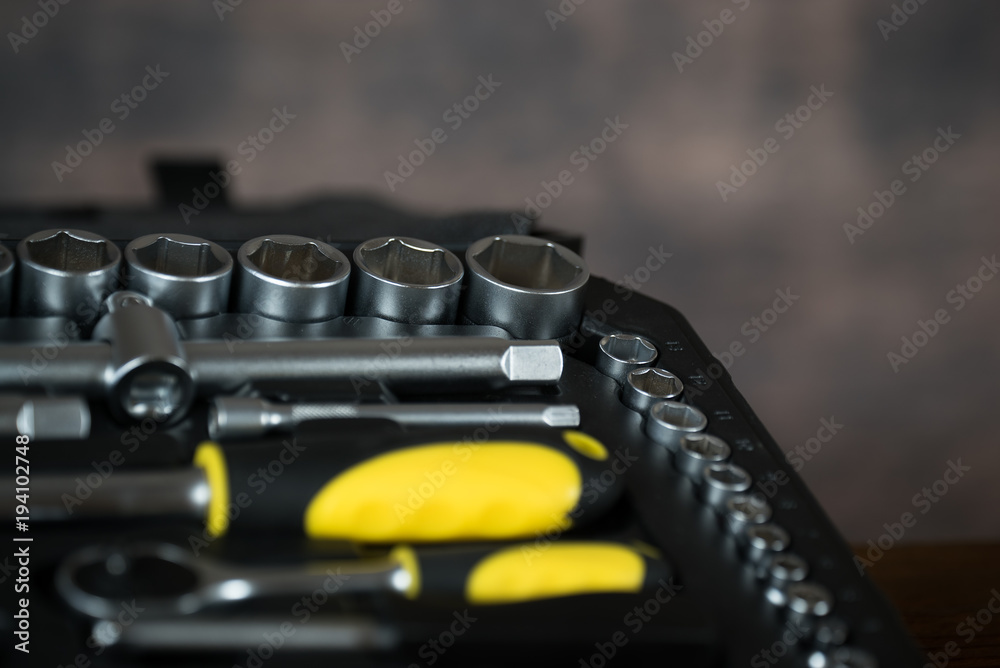  construction tooling on wooden board maintenance concept.