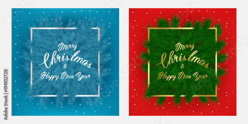 Christmas flayer brochure and cards with tree branches, slogan, thin frame and snow on red and blue background. Lettering Happy New year background perfect for inventation, winter poster or leafet.