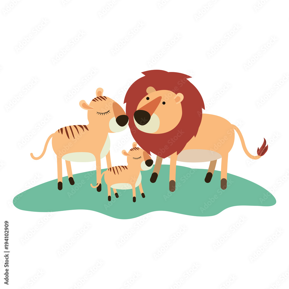 cartoon lions couple and cub over grass in colorful silhouette on white background vector illustration cartoon lions couple and cub over grass in colorful silhouette on white background vector illustration