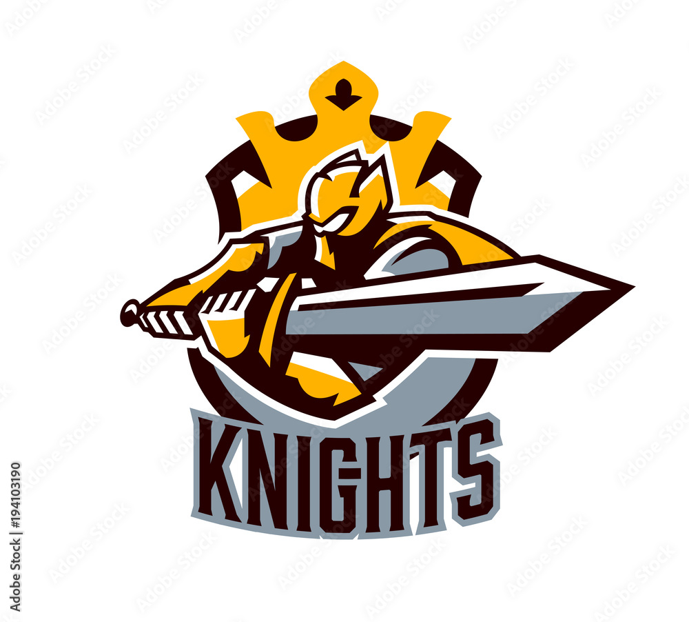A colorful logo, a sticker, an emblem, a knight is attacking with a sword. Gold armor of the knight, paladin, swordsman, warrior, crown, shield, lettering. Mascot sports club, vector illustration