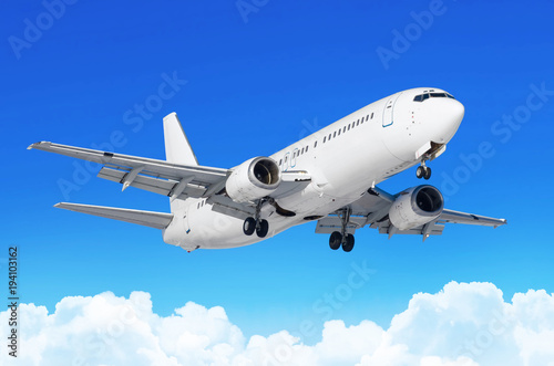 Passenger airplane with the chassis released before the landing at the airport against the blue sky cumulus clouds.