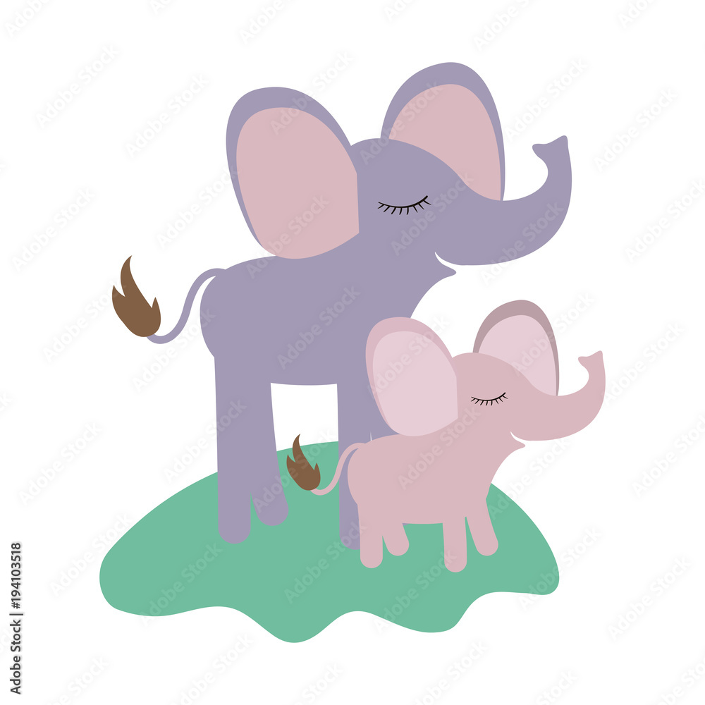 Obraz premium cartoon elephant mom and calf over grass in colorful silhouette on white background vector illustration