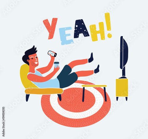 Man watches TV on sofa with coffee cup vector illustration. Watching TV and drink coffee, relax at home on couch