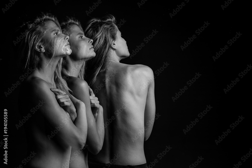 creative dreamy blonde woman portrait. Deep emotions. Strange beauty mood. Profile and back. triple Multiple exposure black and white photo creative dreamy blonde woman portrait. Deep emotions. Strange beauty mood. Profile and back. triple Multiple exposure black and white photo