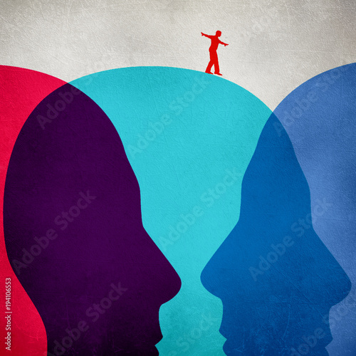 Fotografie, Obraz equilibrist walking on colored human heads digital illustration