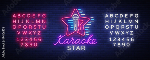 Karaoke Star Vector. Neon sign, luminous logo, symbol, light banner. Advertising bright night karaoke bar, party, disco bar, night club. Live music. Design template. Editing text neon sign