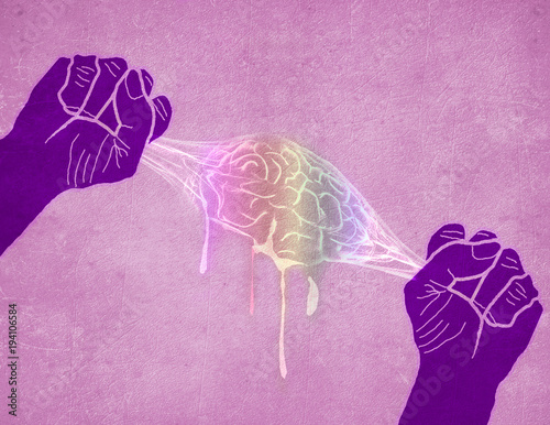 two hands squeezing brain digital illustration