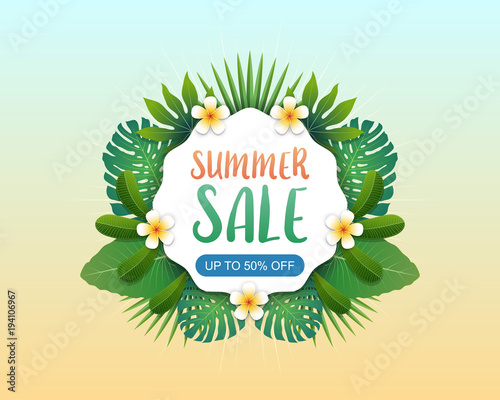 Summer sale background banner with green exotic palm leaves and tropical plants, summer sale concept. Vector illustration