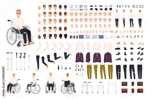 Male character with physical disability sitting in wheelchair creation set or constructor. Set of disabled man body parts, gestures, clothing isolated on white background. Cartoon vector illustration.