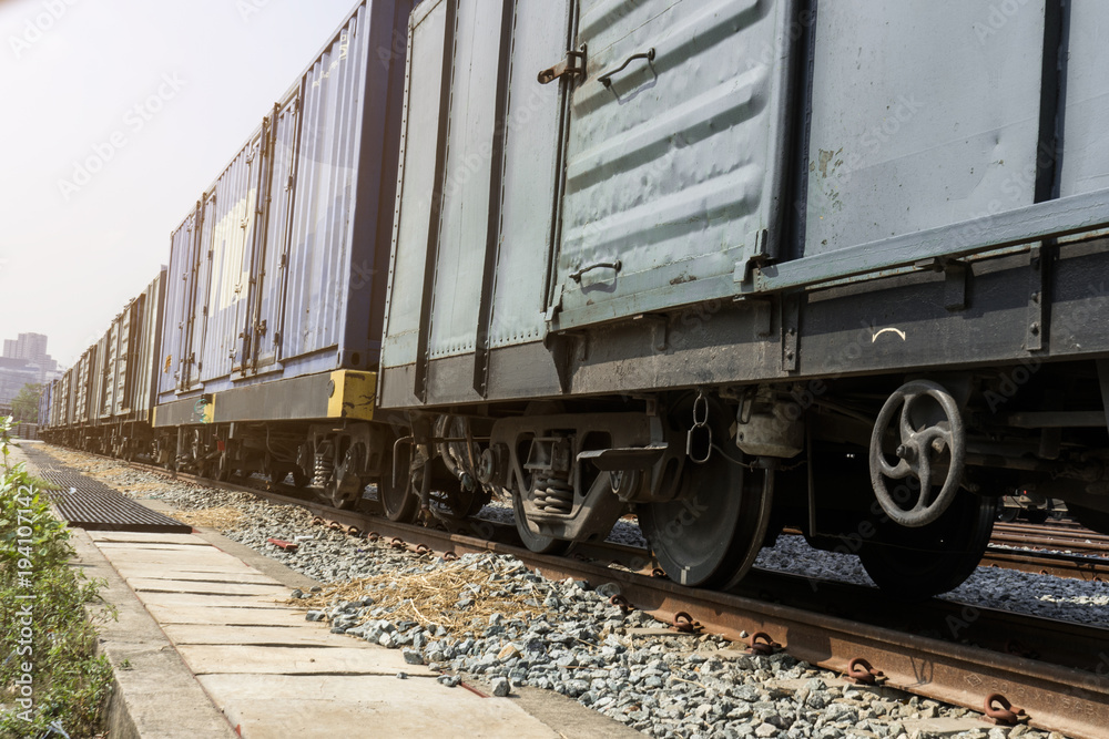 Train wheels on tracks with train bogie Train wheels on tracks with train bogie