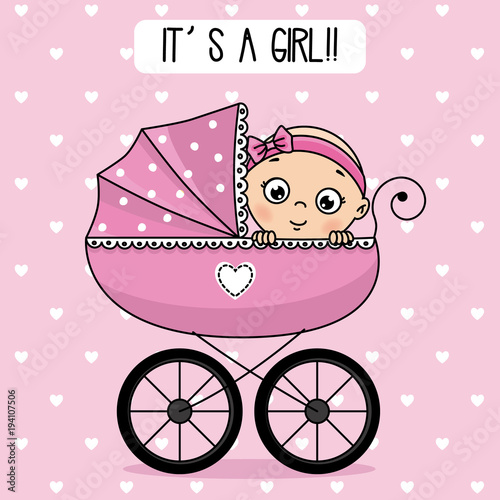 baby shower. Baby girl inside baby carriage.