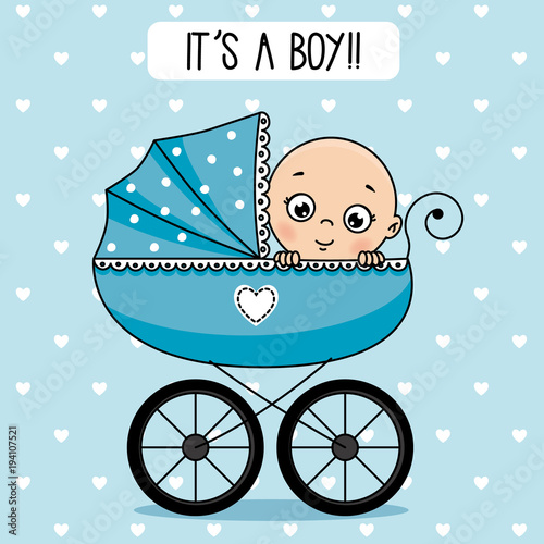 baby shower. Baby boy inside baby carriage.