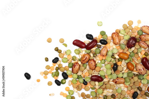 Mixed dried legumes and cereals isolated on white background
