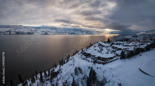 Aerial panoramic view of Winter Canadian Landscape. Taken in Kelowna, Okanagan, British Columbia, Canada.