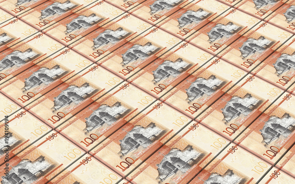 Dominican peso bills stacked background. 3D illustration