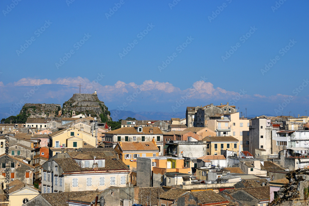 old fortress and buildings Corfu town cityscape Greece summer season