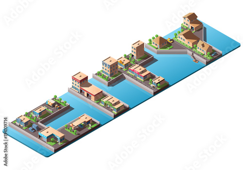 Isometric word city with low poly buildings and cars isolated