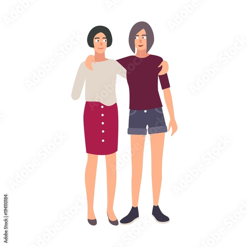 Young woman with amputated arm standing and embracing with her female friend. Teenage girl with physical disability or impairment and her sister walking together. Flat colorful vector illustration.