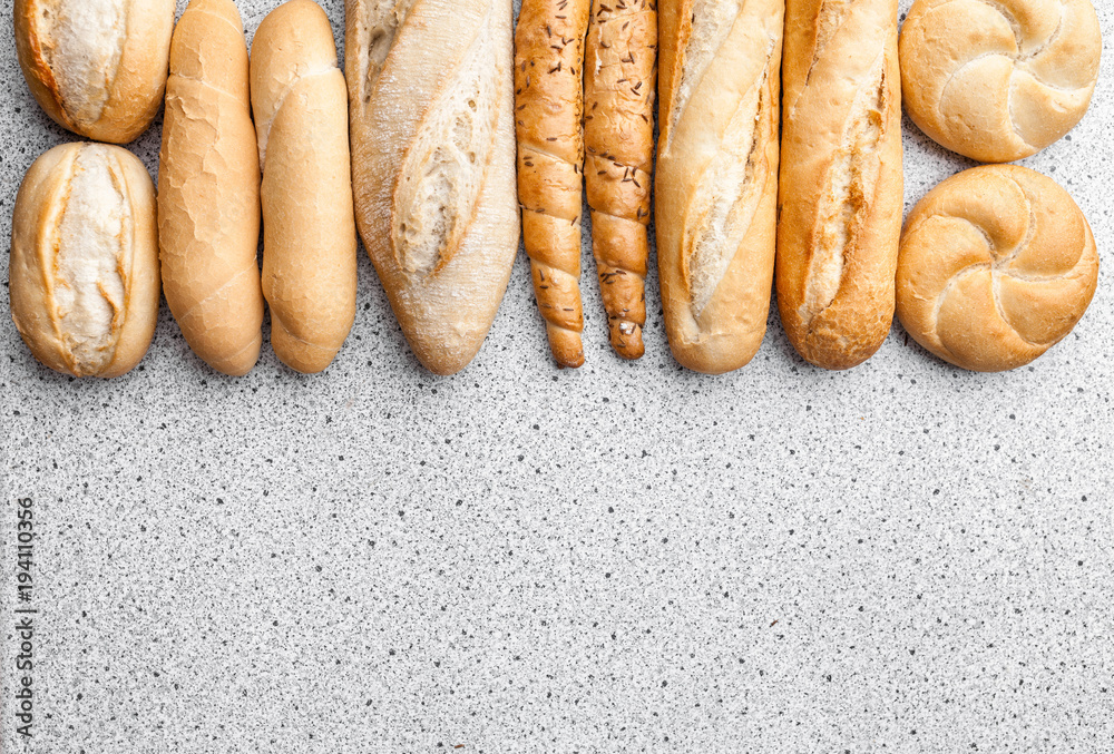 Variety of delicious fresh bread and baguettes